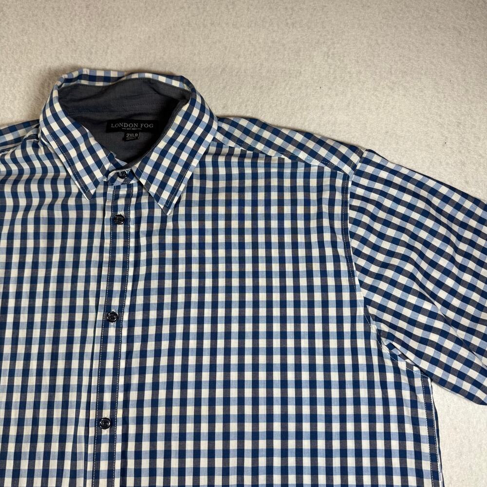 London Fog Plaid Button Up Shirt 2XLB Big Tall Blue Short Sleeve Casual Dadcore
